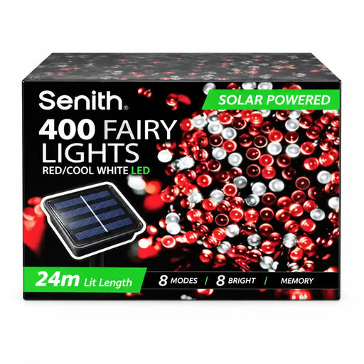 Red and cool white 400 LED solar fairy lights 25.5m