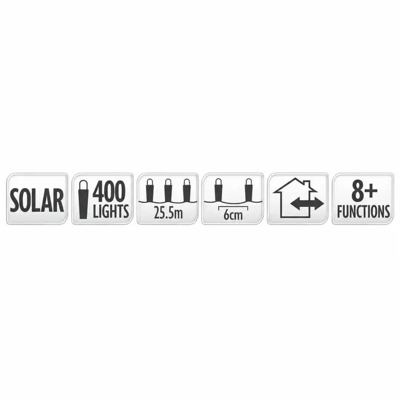 Warm white 400 LED solar fairy lights 25.5m with 8 functions