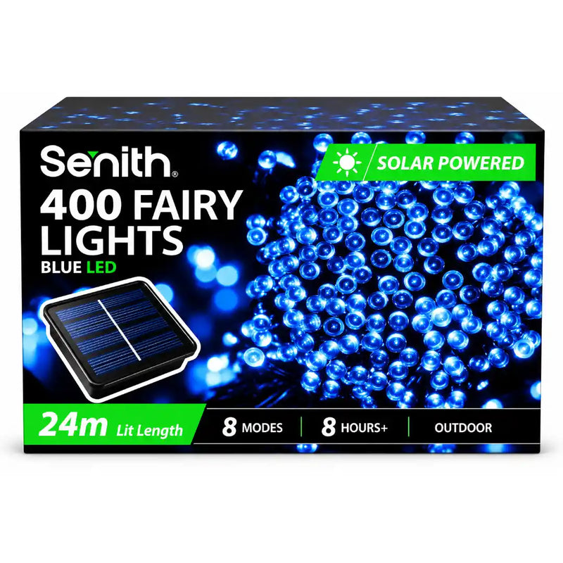 Blue 400 LED solar fairy lights 25.5m with 8 functions