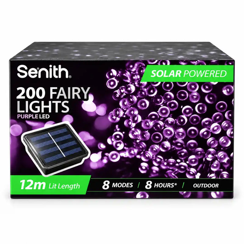 Purple 200 LED solar fairy lights 13.5m with 8 functions