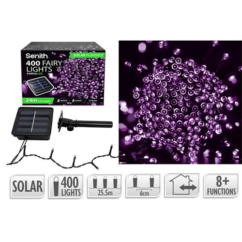 400 LED purple solar fairy lights 25.5m with 8 functions