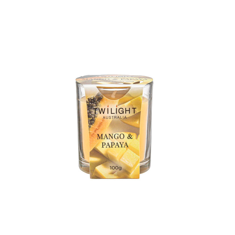Small jar holding Mango and Papaya scented wax