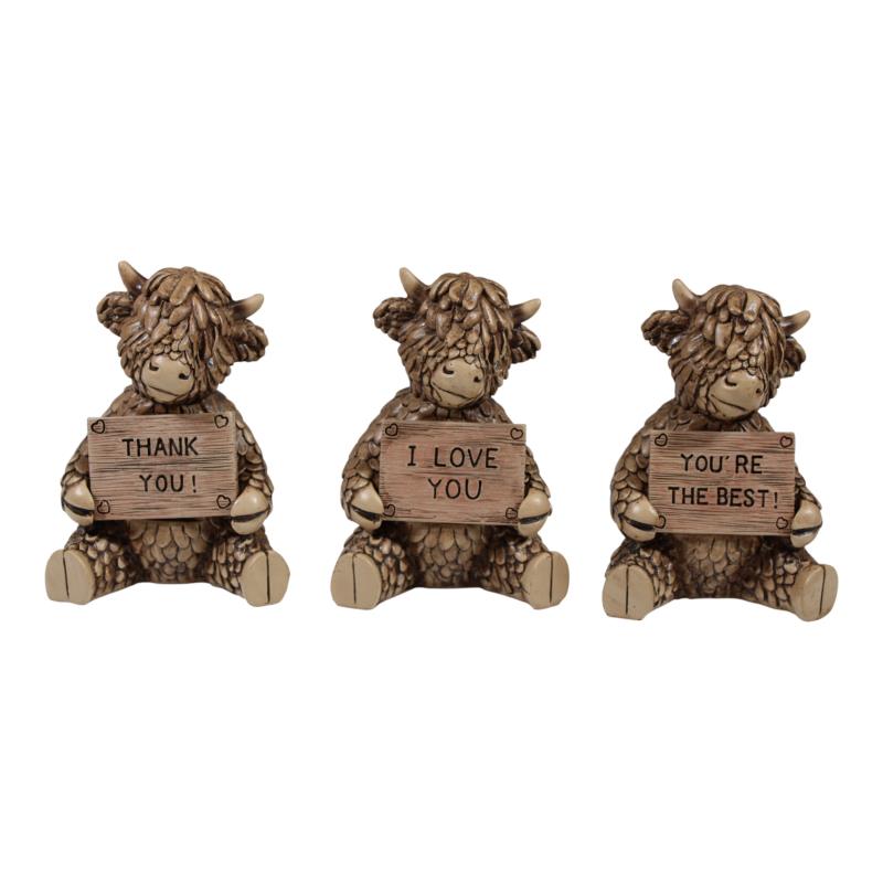 Assorted Highland cow holding sign ornament 11cm