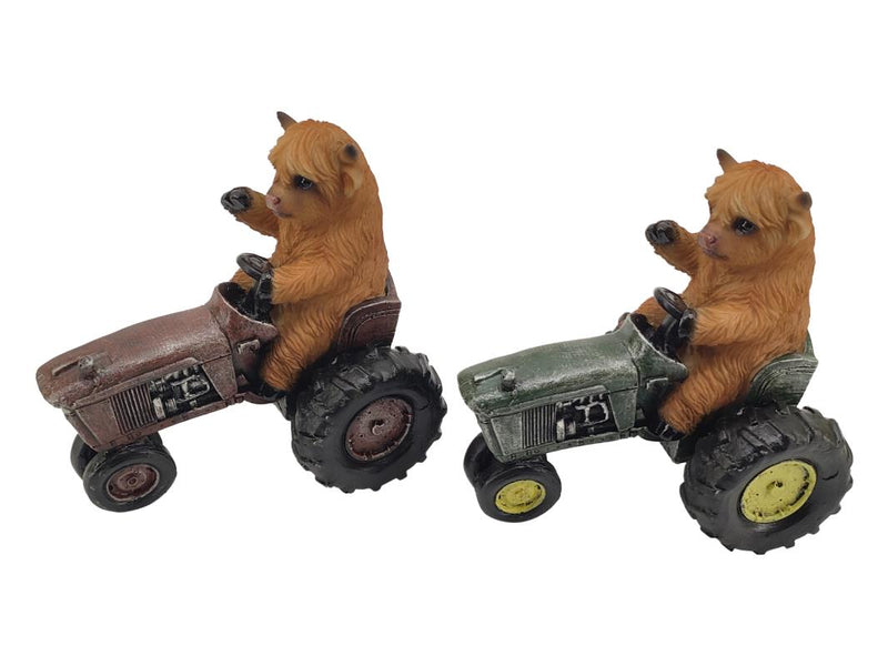 Highland cow on tractor ornament assorted 15cm