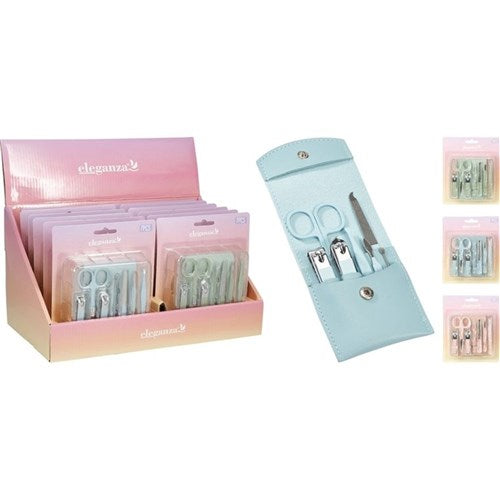 Stainless steel nail care tools enclosed in a travel pouch