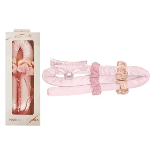 Pink heatless hair curling tools and accessories in a gift box