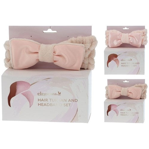 Absorbent hair wrap towel and matching plush cosmetic headband