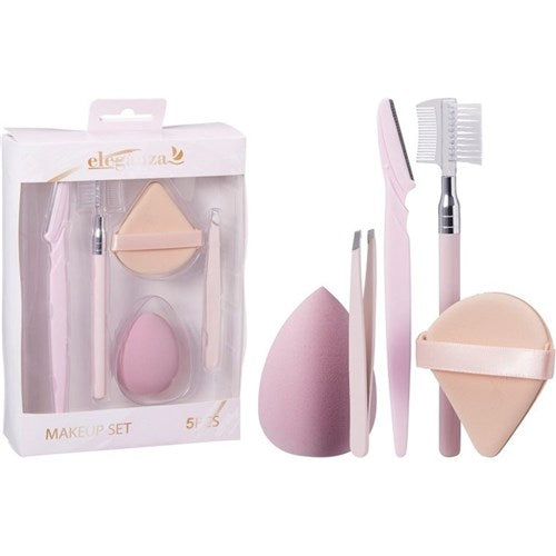 Five piece pink cosmetic brush and tool collection in a gift box