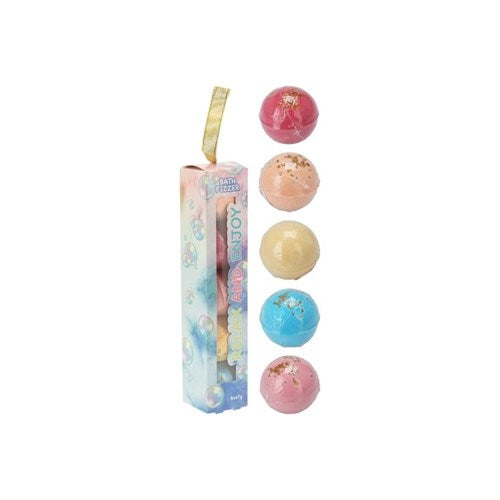 Five piece uniquely designed bath fizzer set inside a gift box