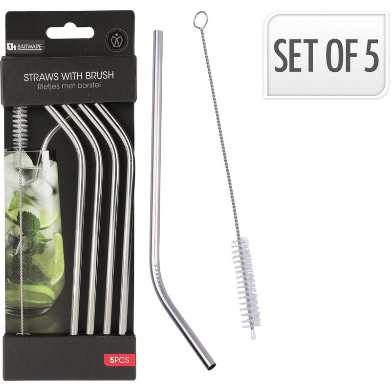 5 piece stainless steel drinking straw set with cleaning brush