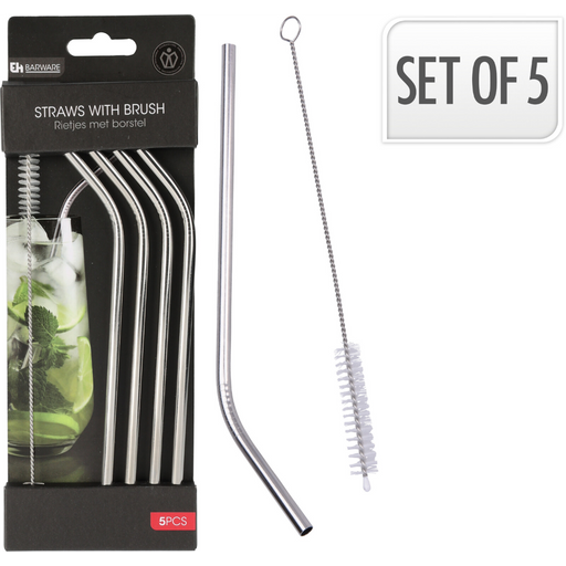 5 piece stainless steel drinking straw set with cleaning brush