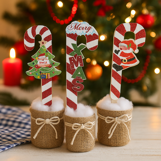 Assorted 70cm candy cane yard stakes with festive red and white designs on wooden base