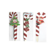 Assorted 70cm candy cane yard stakes with festive red and white designs on wooden base