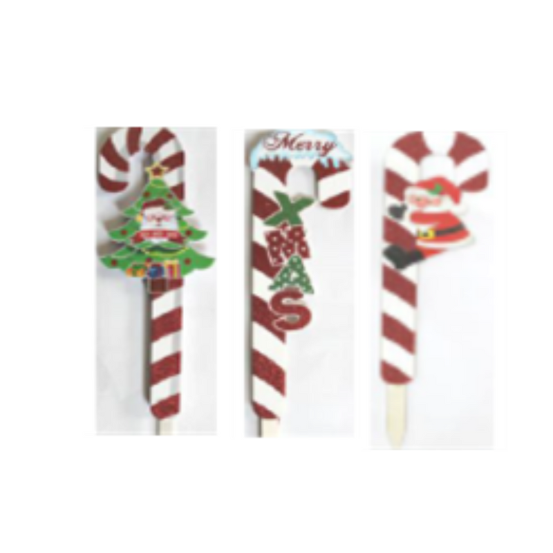 Assorted 70cm candy cane yard stakes with festive red and white designs on wooden base