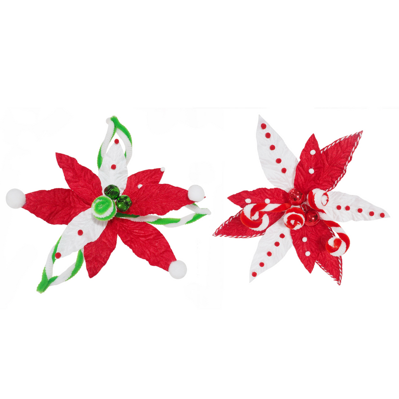 Candycane-inspired poinsettia clip with bauble accents in red, white, and green, perfect for Christmas trees or festive arrangements.