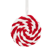Candycane fleece hanging pinwheel in red and white, perfect for adding a soft and festive touch to Christmas decorations.