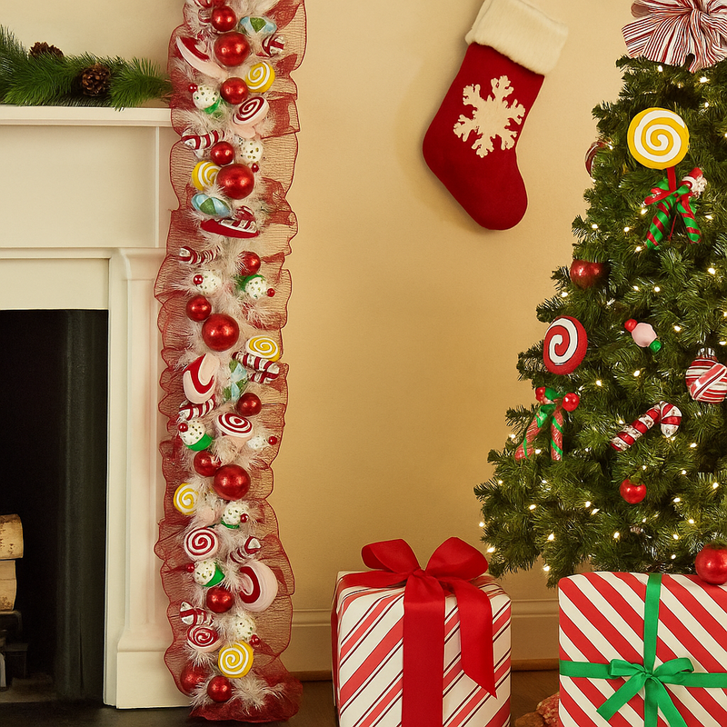 274cm Candyland-themed Christmas garland with colorful faux candies, baubles, and festive glitter details – whimsical holiday decoration