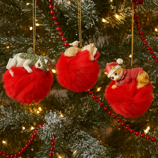 Cats Pom Pom Ornament Assorted – Fluffy Christmas cat decorations in various colours and styles for festive tree décor