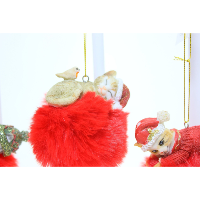Cats Pom Pom Ornament Assorted – Fluffy Christmas cat decorations in various colours and styles for festive tree décor