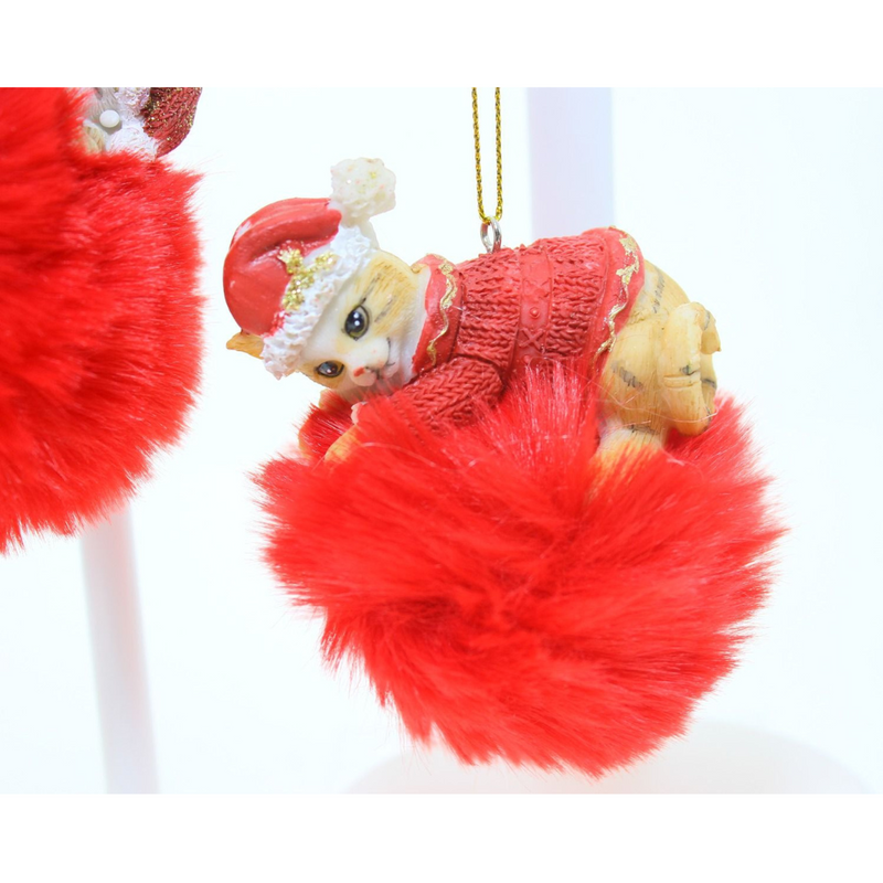 Cats Pom Pom Ornament Assorted – Fluffy Christmas cat decorations in various colours and styles for festive tree décor