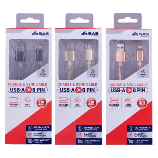 Ronis Charge & Sync USB A to 8 Pin Metal Cable 3 Asstd