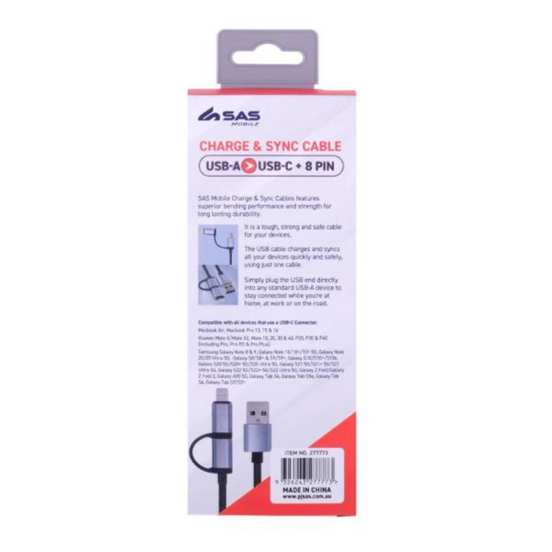 Ronis Charge & Sync USB A to USB C & 8-Pin 2-in-1 Polyester Cable