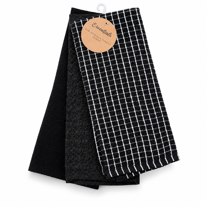 Waffle And Check Terry Towel 3pk Black 40X65cm