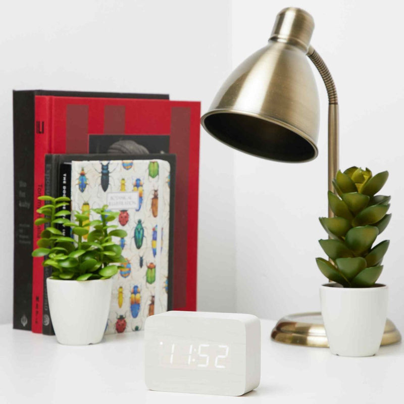 Ronis Checkmate Larch LED Wood Cuboid Alarm Clock 10x7x4.3cm White