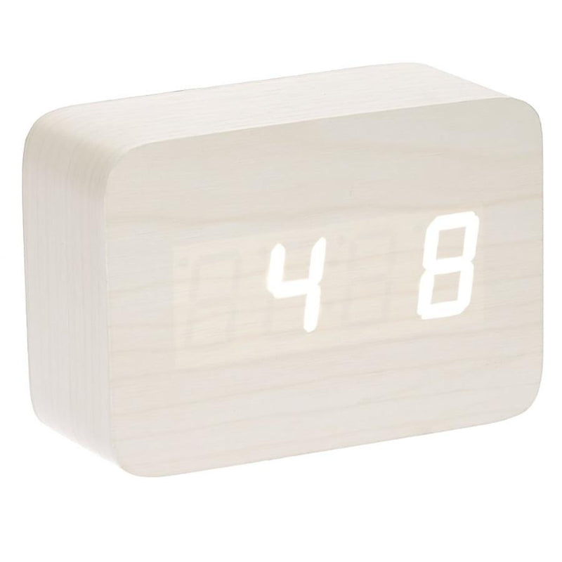 Ronis Checkmate Larch LED Wood Cuboid Alarm Clock 10x7x4.3cm White