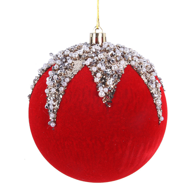 Christmas Bauble Flocked with Sequin Detail 10cm Burgundy