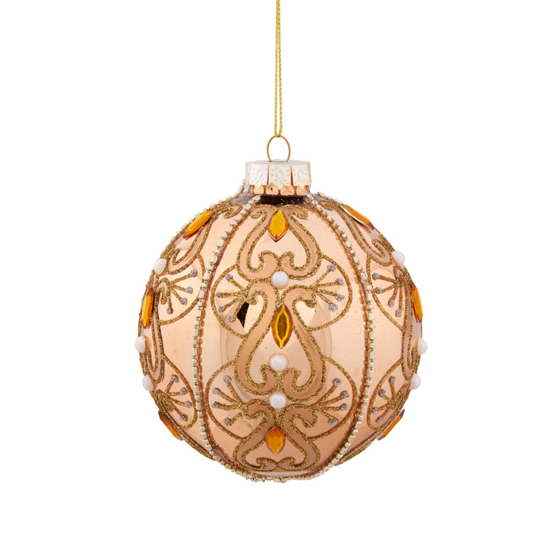 Ronis Christmas Bauble Gold Patterned Glass with Jewels 10cm
