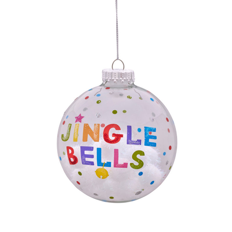 Ronis Christmas Bauble Jingle Bells Print on Glass Filled with Snowballs 10cm