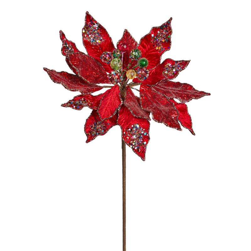 Christmas Flower Red Poinsettia 25cm with Multicolour Jewels on Stem 46cm