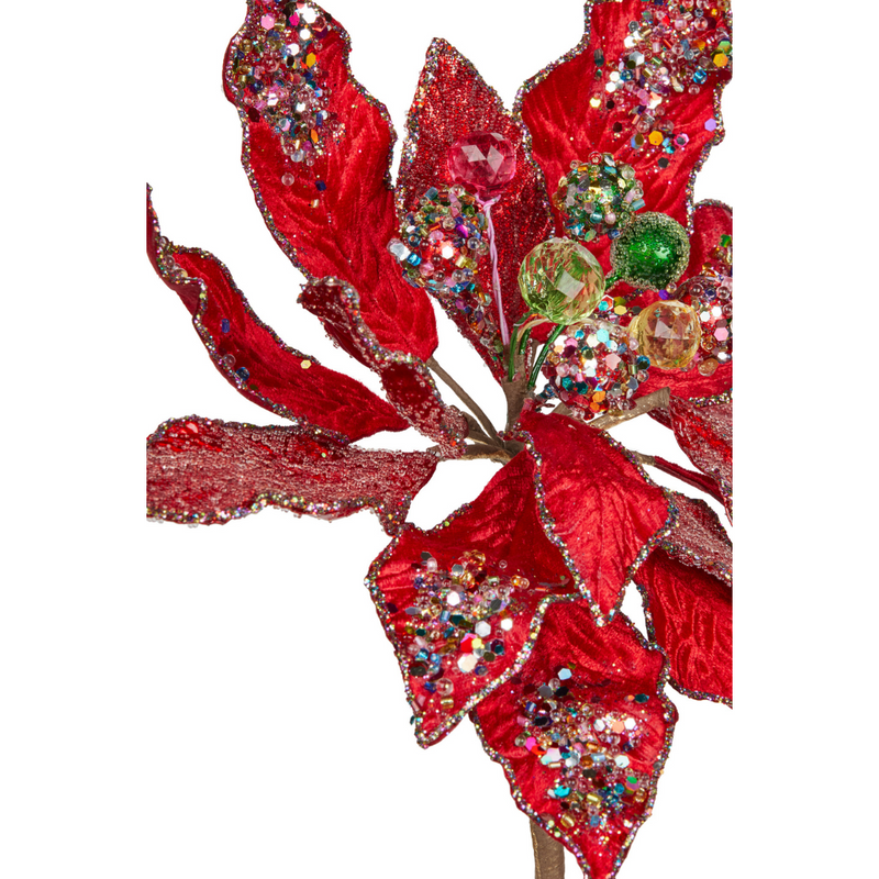 Ronis Christmas Flower 25cm Red Poinsettia with Multicolour Jewels on 46cm Stem