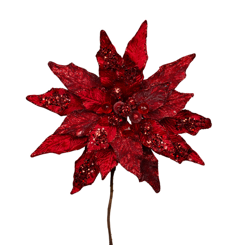 Ronis Christmas Flower 36cm Christmas Red Poinsettia with Short Stem & Clip