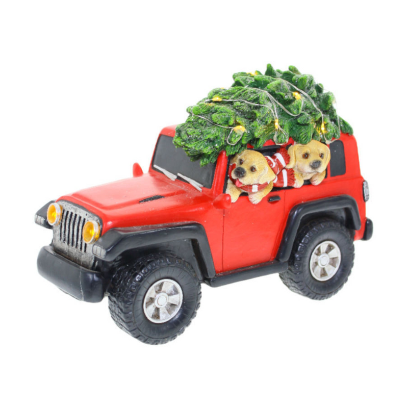 Ronis Christmas Red Jeep With Dogs LED 28cm
