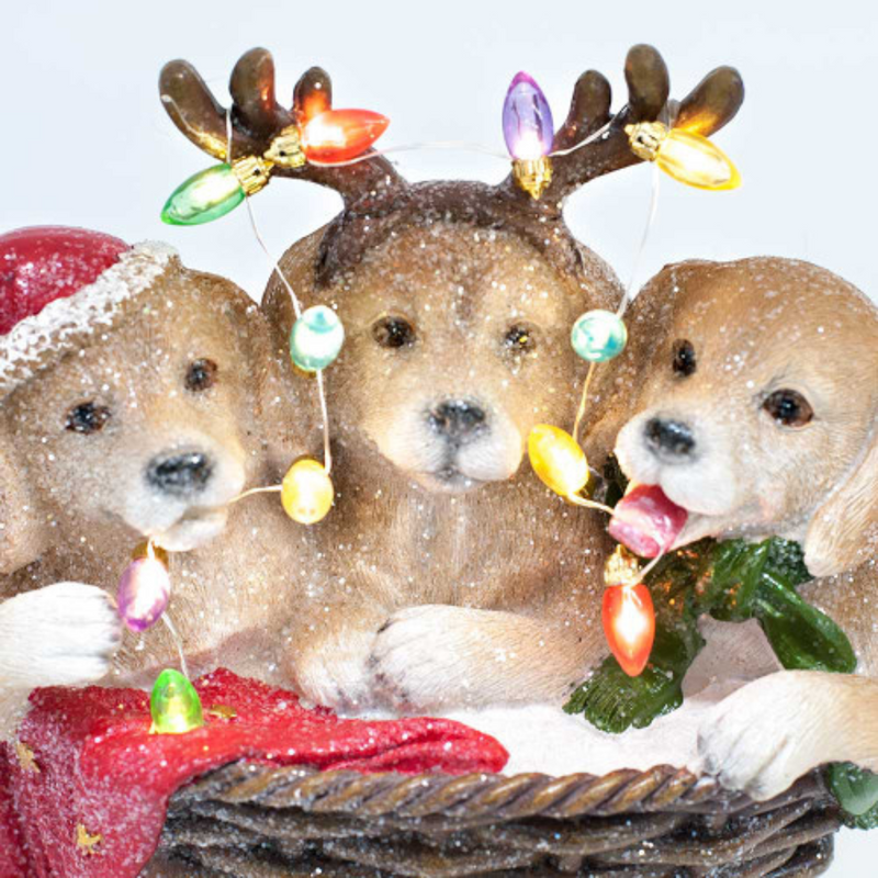 Ronis Christmas Resin LED Dogs In A Basket