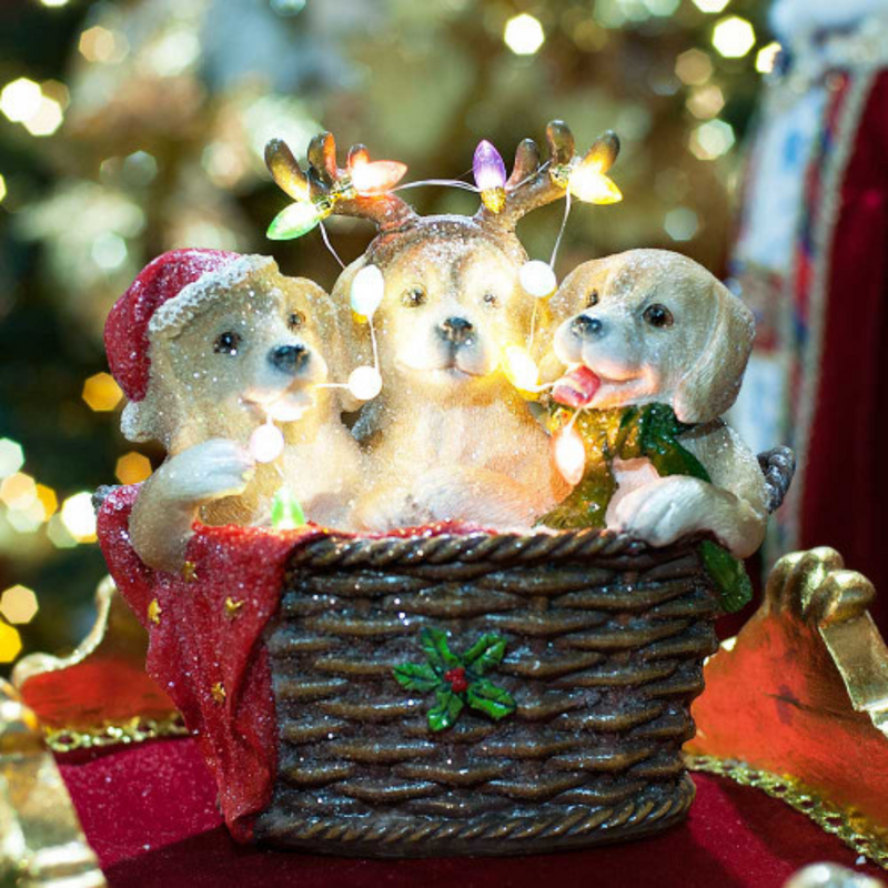 Ronis Christmas Resin LED Dogs In A Basket
