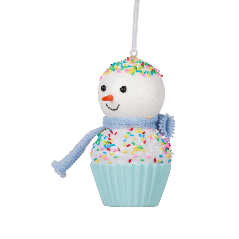 Ronis Christmas Tree Decoration Blue & White Snowman Cupcake with Sprinkles 11cm