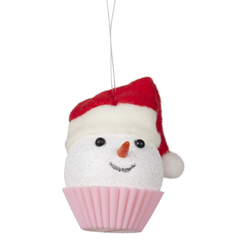 Ronis Christmas Tree Decoration Snowman Cupcake in Pink Base 6cm