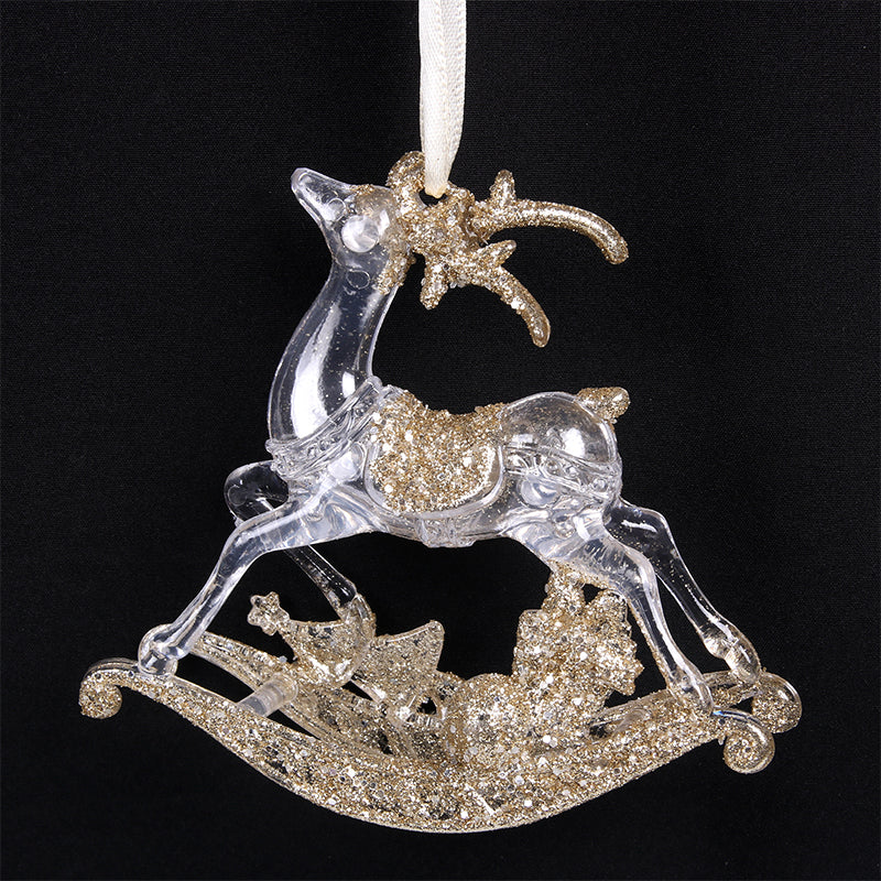 Ronis Christmas Tree Ornament Glitter Finish Rocking Reindeer 10cm Champagne