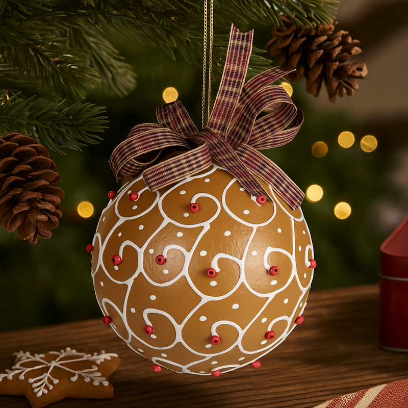 Gingerbread-style Christmas bauble with decorative bow and icing details, 10cm