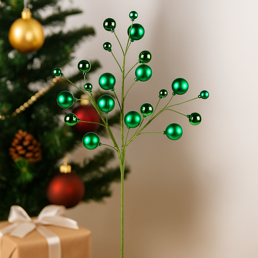 Green Christmas bauble pick with assorted shiny and matte ornaments on wired stem, 46cm