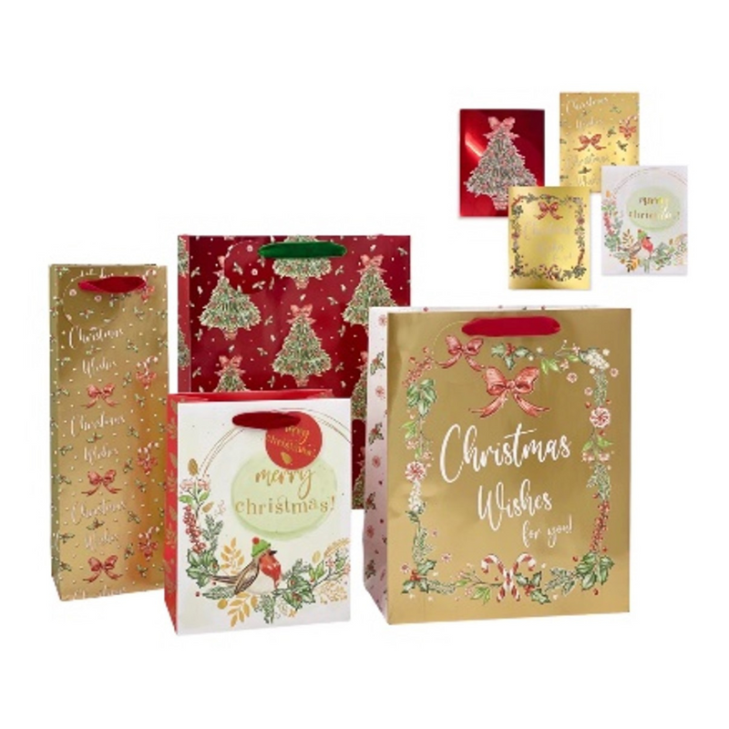 Ronis Christmas Bottle Bag Luxurious Red & Gold Foil 39x12x9cm 4 Asstd