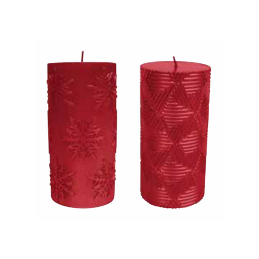 Ronis Christmas Candle Pillar 15cm Emboss Metallic Red Assorted