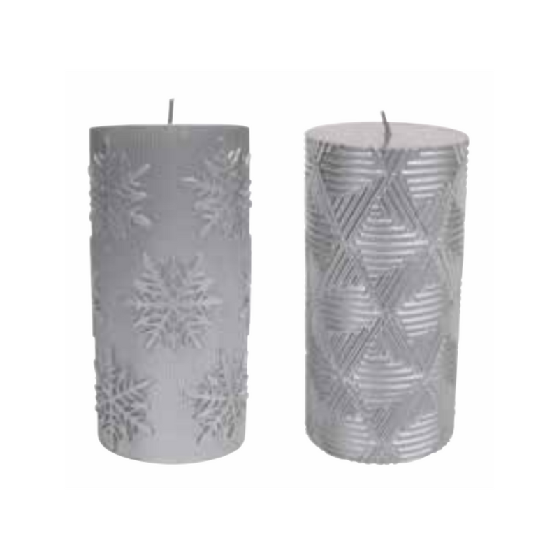 Ronis Christmas Candle Pillar 15cm Embossed Silver Assorted