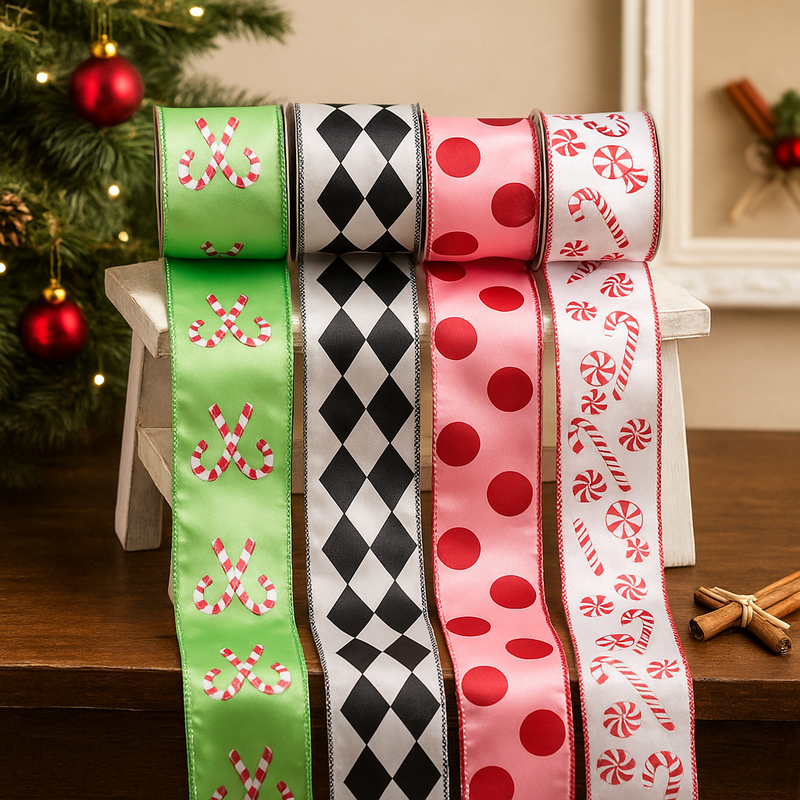 Assorted Christmas Ribbon 6.3cm x 5m with Candy Cane and Harlequin Patterns – Holiday Wired Decorative Ribbon