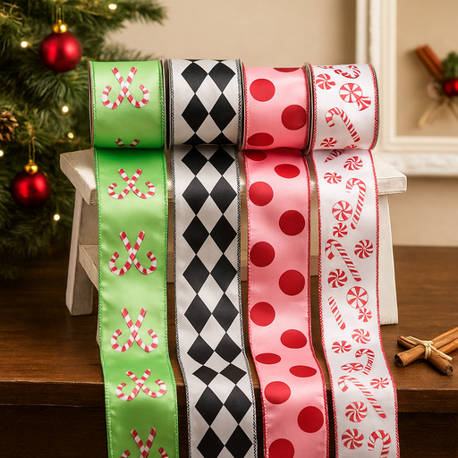Assorted Christmas Ribbon 6.3cm x 5m with Candy Cane and Harlequin Patterns – Holiday Wired Decorative Ribbon