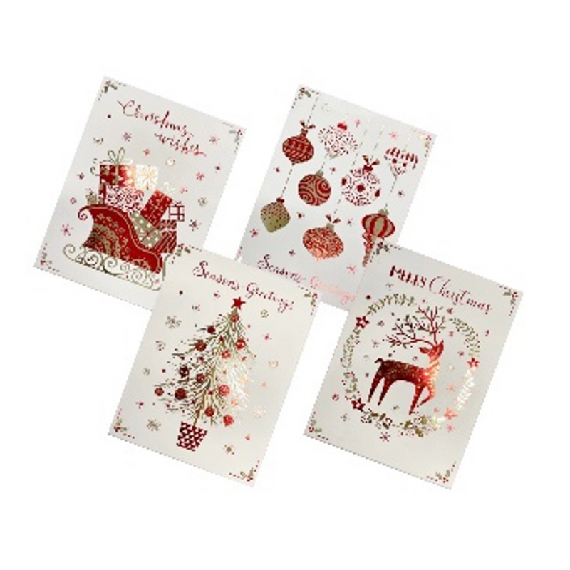 Ronis Christmas Card Foil Majestic Red & Gold 8pk 4 Asstd