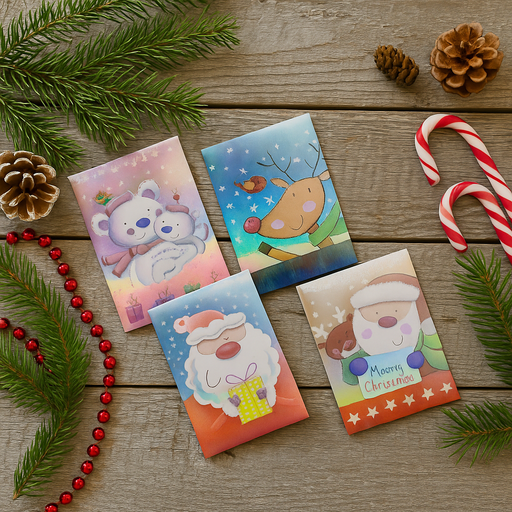 6-pack cute Christmas cards with iridescent and 3D designs, assorted festive characters